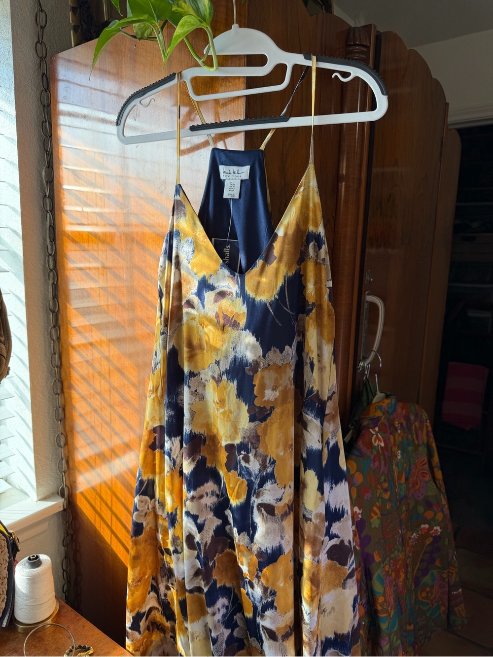 Nicole Miller New York Floral Maxi Dress Size L NWT Mustard Navy